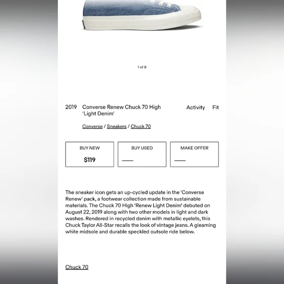 Converse Chuck 70 Taylor Renew High Top All Star Denim Blue Sneaker 11 Men 9 - Picture 12 of 14